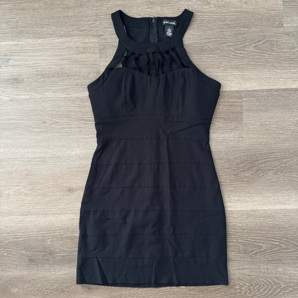 Wet Seal Dress Women Large Black Halter Cage Cutout Tiered Bandage Bodycon Mini